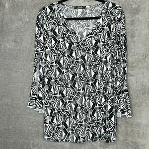 Arabella 3X Shirt Top Black Geometric Split Bell 3/4 Sleeve V Neck Stretch Women